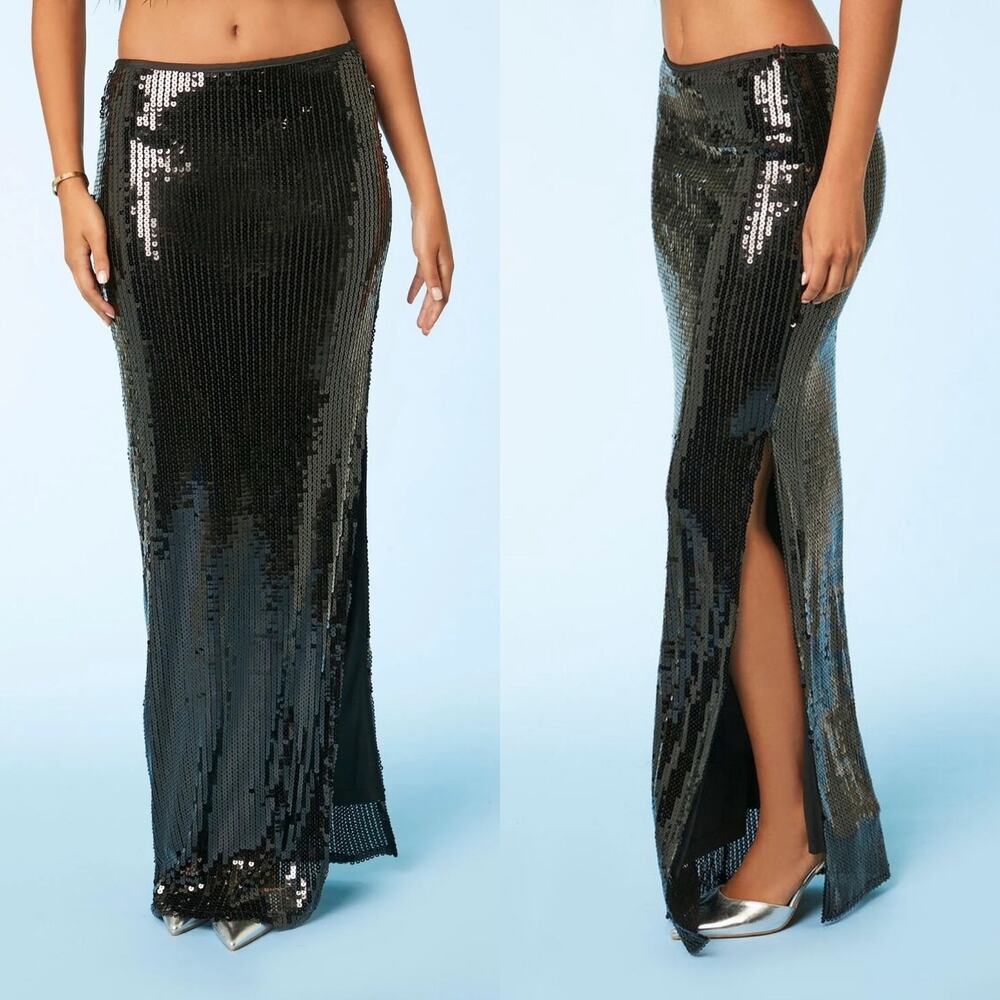Forever 21 Black High Rise Sequin Leg-Slit Maxi Skirt